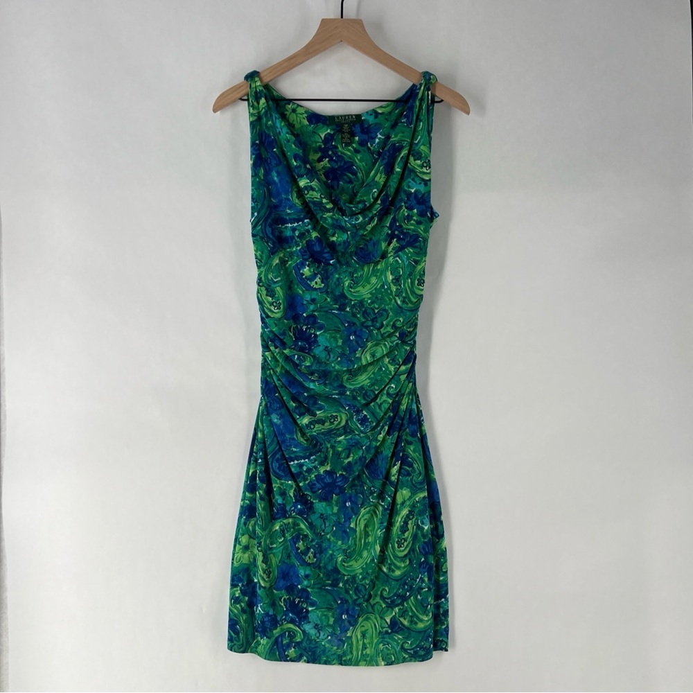 Lauren Ralph Lauren Watercolor Floral Paisley Cowl Neck Ruched Sleeveless Dress